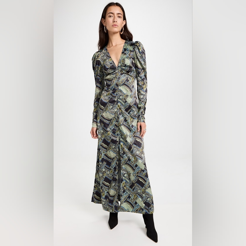 4S. NWT GANNI CRINKLED SATIN MAXI DRESS IN PAISLEY WEAVE BLACK - Picture 6 of 11